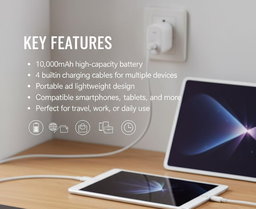 K16 Power Bank 10,000 mAh Portable Charger with 4 Built-In Charging Cables – Fast Charge USB-C, Lightning & Micro USB, Dual Output, Slim Powerbank for iPhone, Samsung, Android Devices