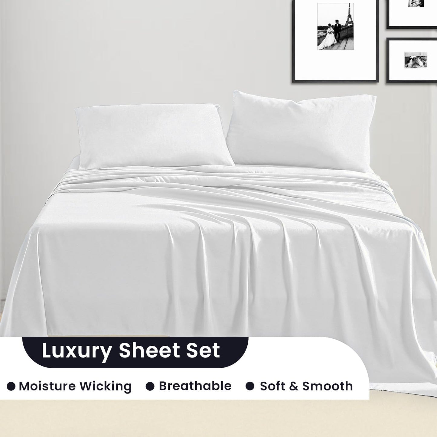 SGI bedding 100% Egyptian Cotton 600 TC Sheet Set Soft & Smooth Sateen Weave 4 Pc Sheet Set - 1 Fitted Sheet, 1 Flat Sheet & 2 Pillowcase 15" inch Deep Pocket (Full, White Solid)