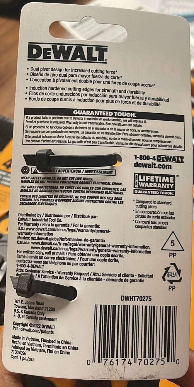 DEWALT DWHT70275 Compound Action Diagonal Cutting Pliers 7.5"