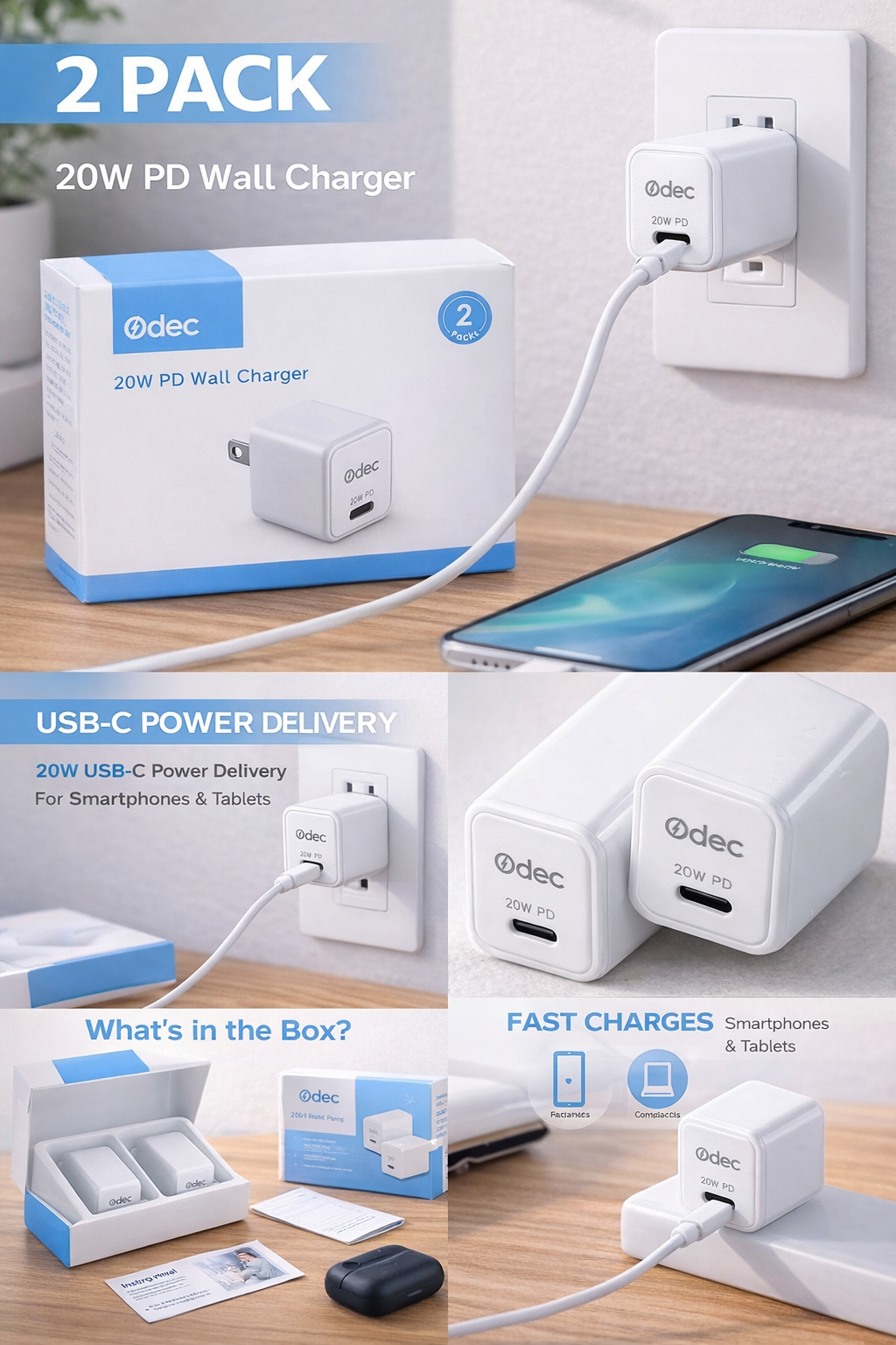 ODEC 20W PD Wall Charger – 2 Pack (Colour: White)