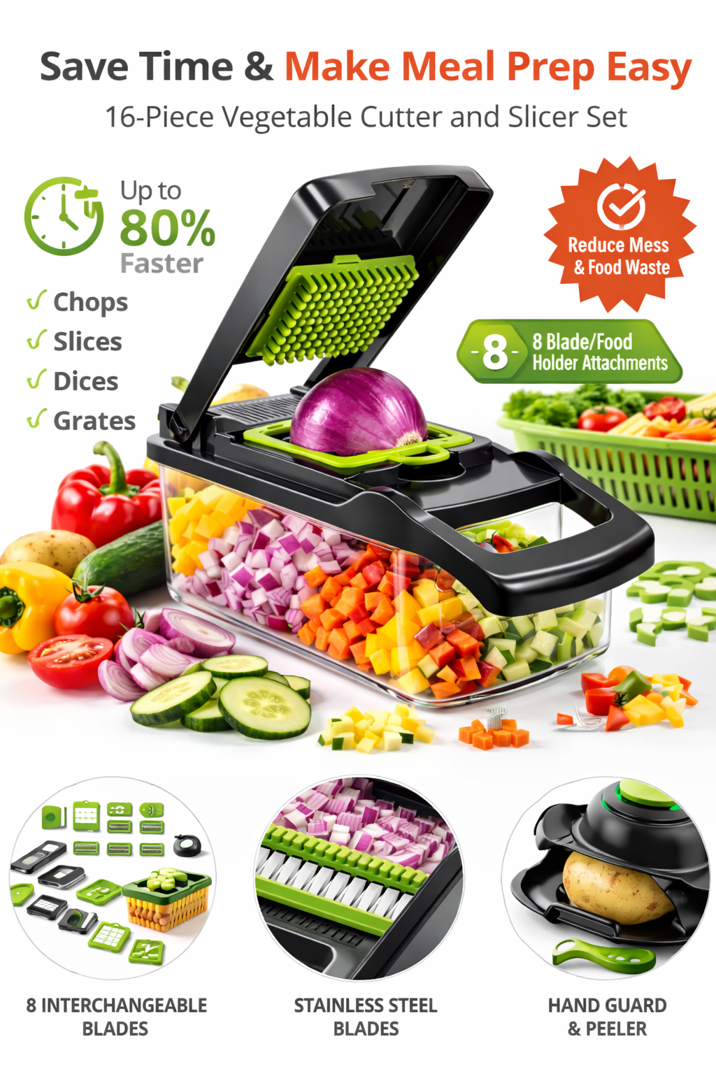 16-Piece Vegetable Cutter and Slicer Set Multi-Function Kitchen Chopper