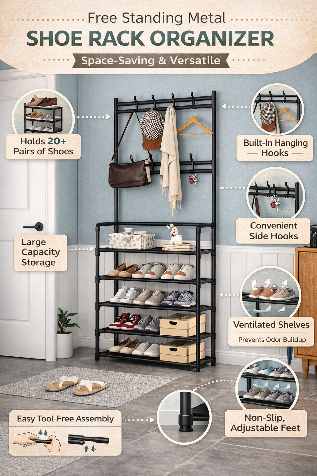 Free Standing Metal Shoe Rack Organizer Space Saving Closet Entryway Shoe Shelf Stand
