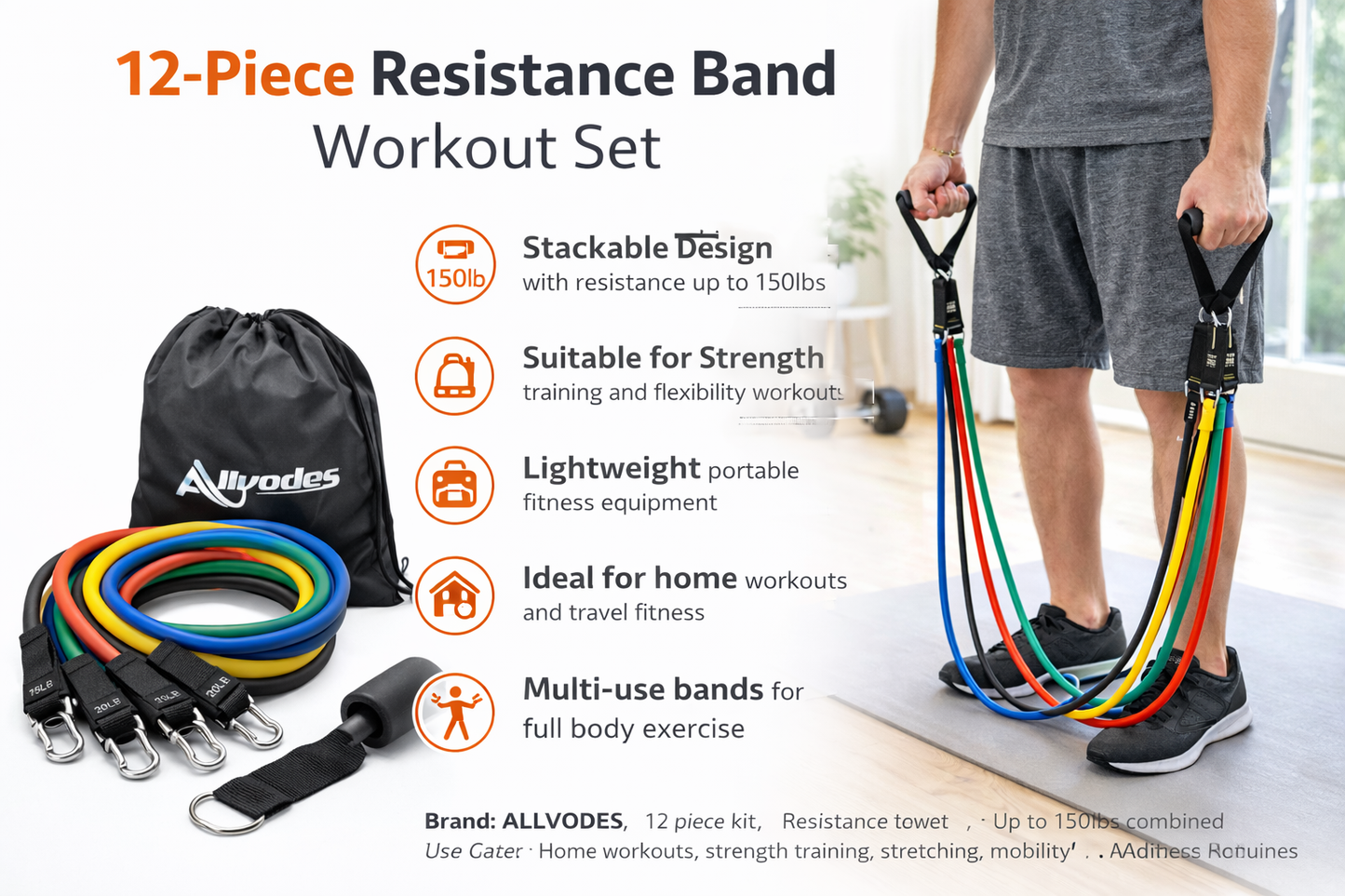ALLVODES Resistance Bands Set 12 Piece Stackable Fitness Tubes Up to 150lbs Home Workout Kit