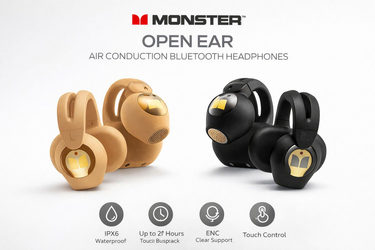 Monster Open Ear AC221 Bluetooth 6.0 Wireless Clip-On Headphones 30H Playback IPX6 Waterproof