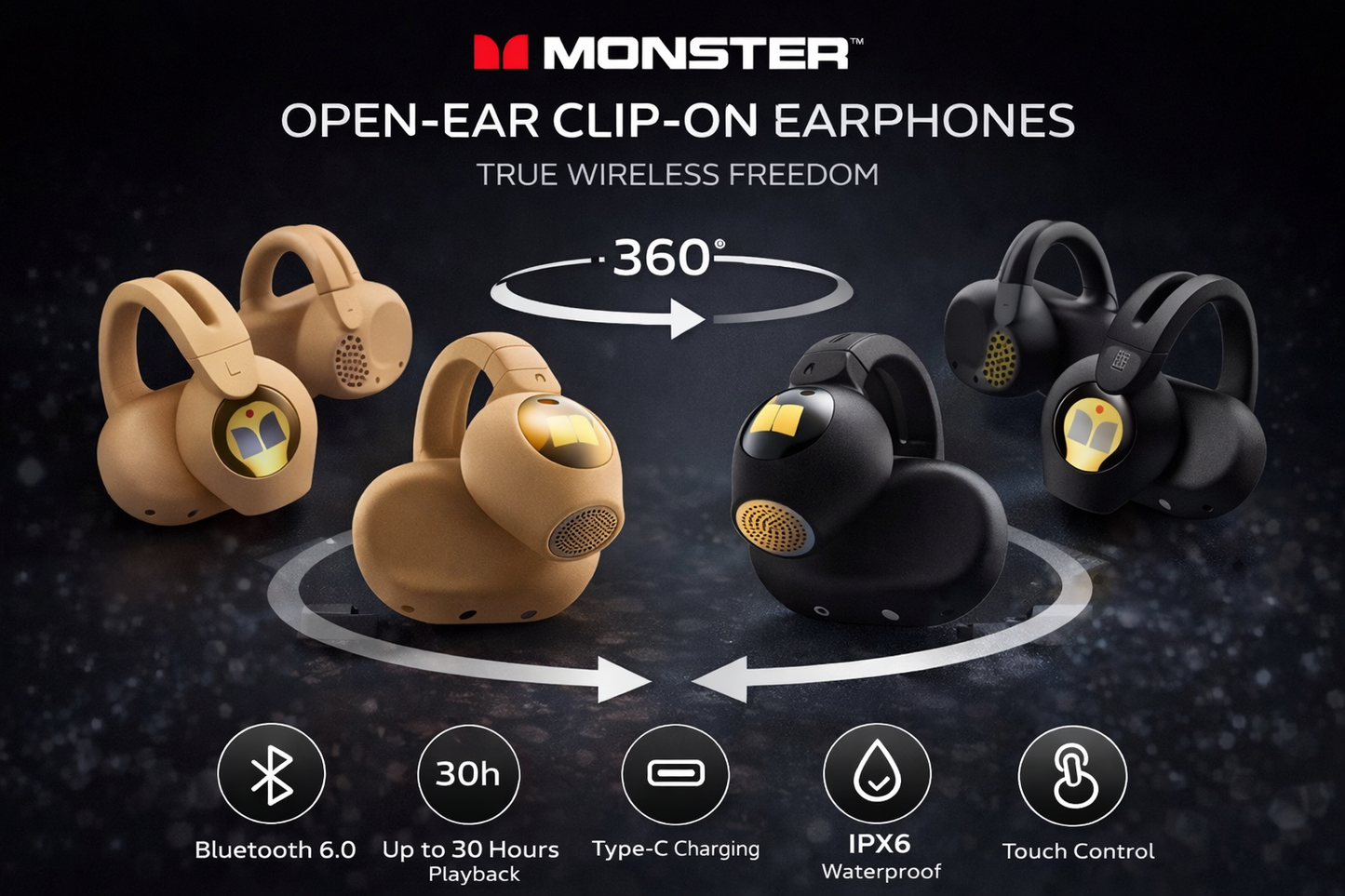 Monster Open Ear AC221 Bluetooth 6.0 Wireless Clip-On Headphones 30H Playback IPX6 Waterproof