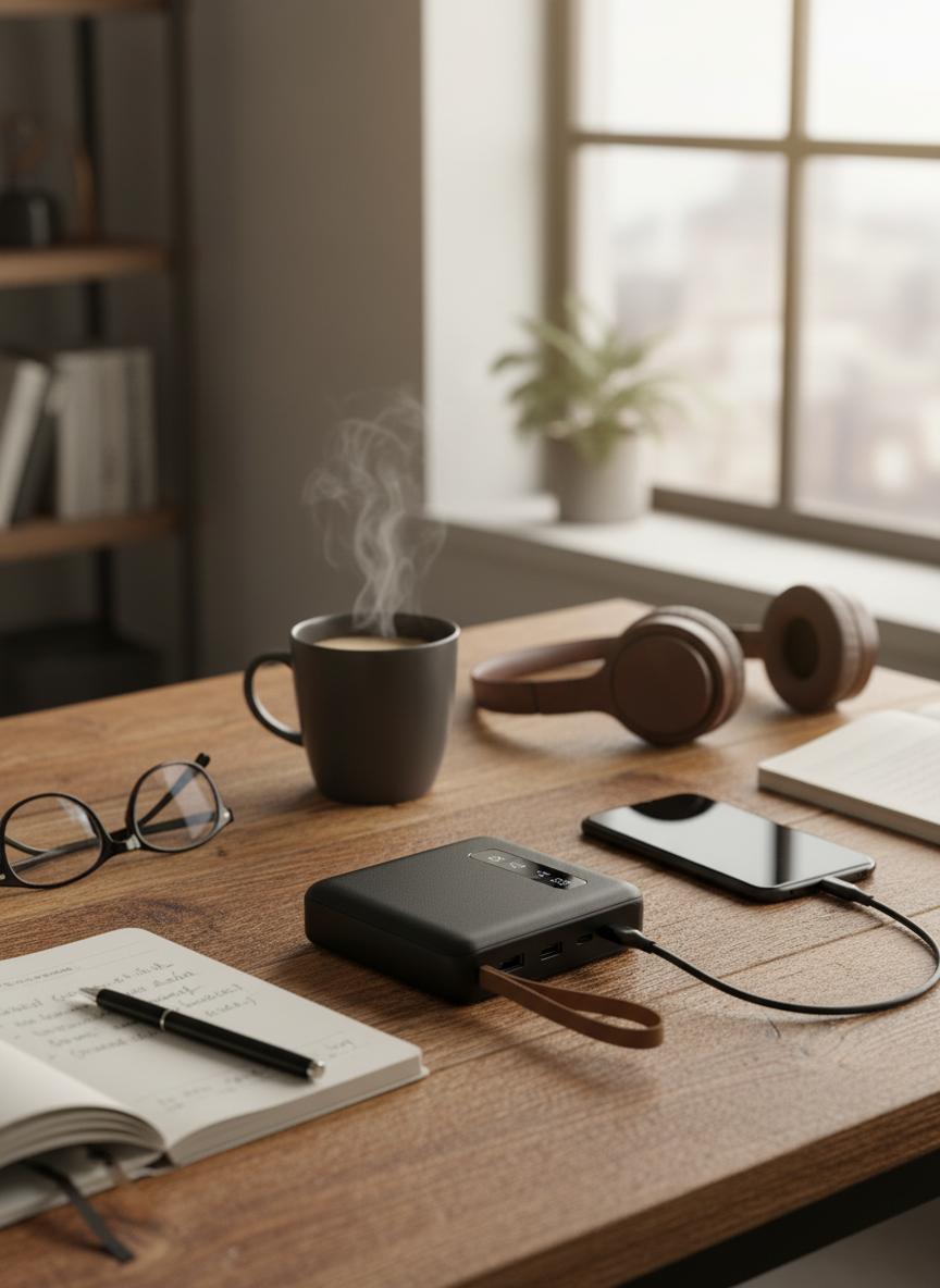 K16 Power Bank 10,000 mAh Portable Charger with 4 Built-In Charging Cables – Fast Charge USB-C, Lightning & Micro USB, Dual Output, Slim Powerbank for iPhone, Samsung, Android Devices