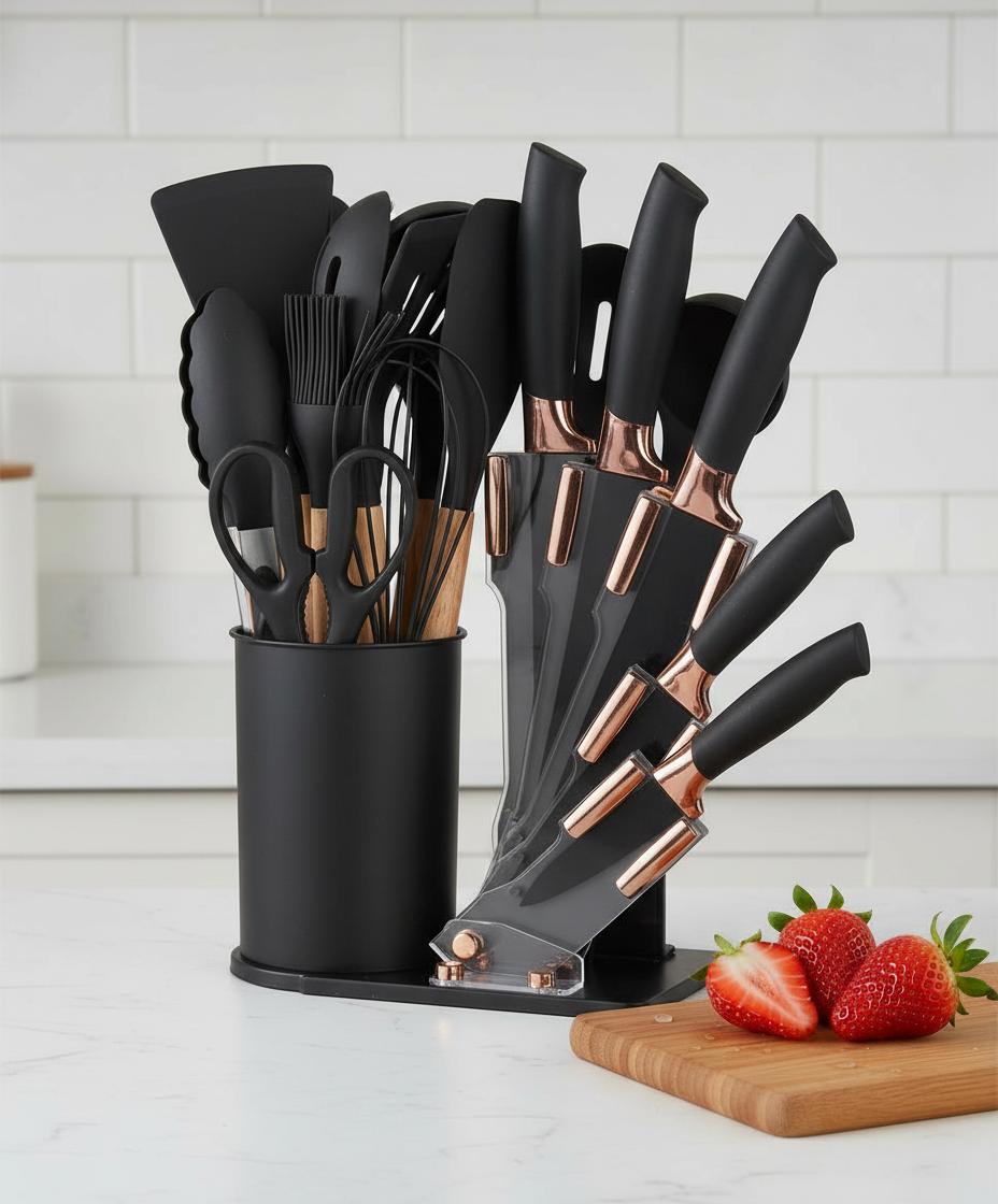 19 Piece Silicone Cooking Utensils Set with Holder and Kitchen Knife Set Heat Resistant Kitchen Tools